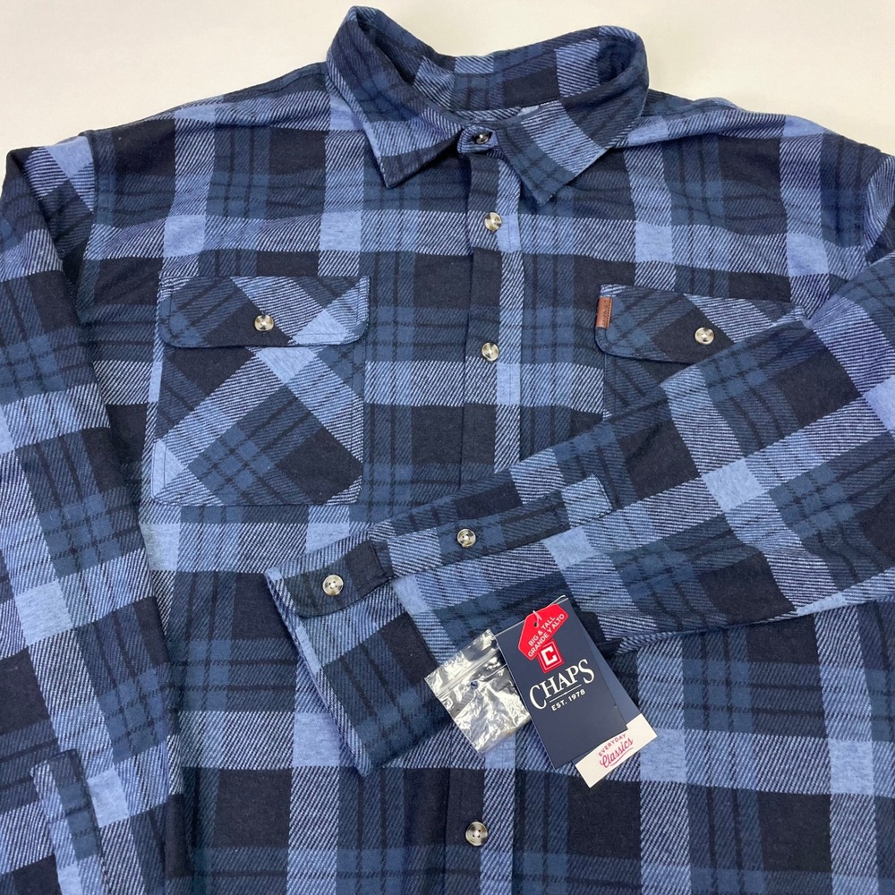 Chaps Mens 3XB Blue Plaid Knit Flannel Shirt Go Untucked Stretch Big & Tall NWT